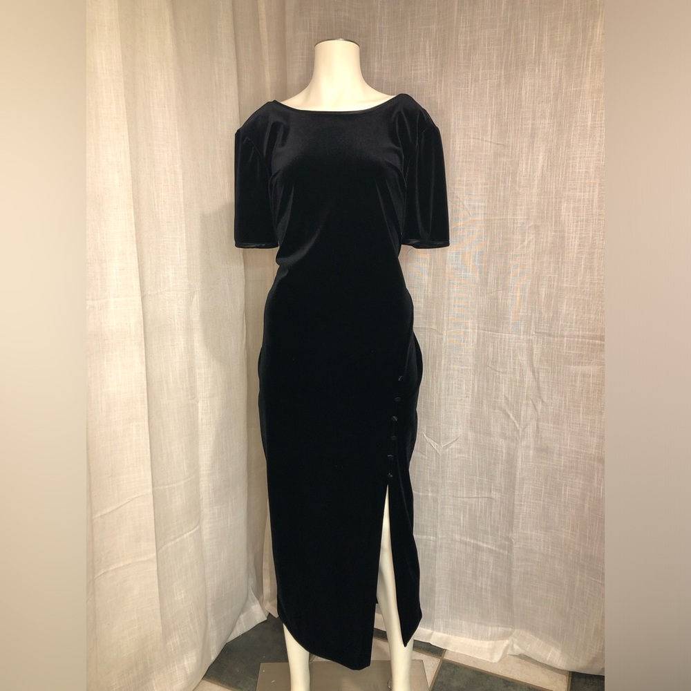 Vtg Nina Piccalino Black Velvet Pencil Dress w/ Button Leg Slit and V cut Back